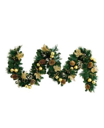 Nearly Natural 9" Pre-lit Artificial Golden Frosted Christmas Garland Led Lights Pinecones And Ornaments In Green