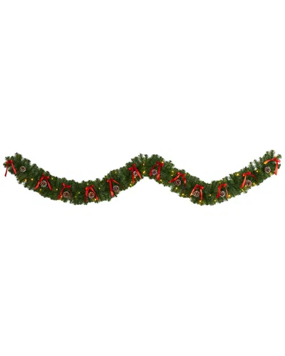 Nearly Natural 9ft Bow & Pinecone Artificial Christmas Garland With 35 Clear Led Lights In Green