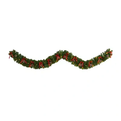 Nearly Natural 9ft. Bow And Pinecone Artificial Garland With 35 Clear Led Lights Pre-lit Wreath In Green
