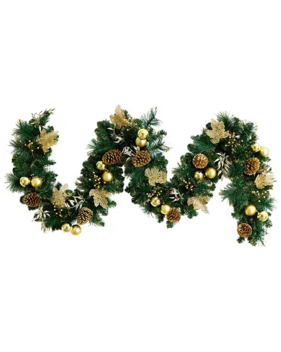 Nearly Natural 9ft. Pre-lit Artificial Golden Frosted Christmas Garland In Green