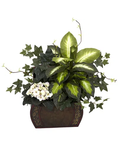 Nearly Natural African Violet, Dieffenbachia & Ivy With Chest Silk Plant In Green