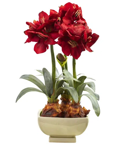 Nearly Natural Amaryllis Arrangement With Vase In Red