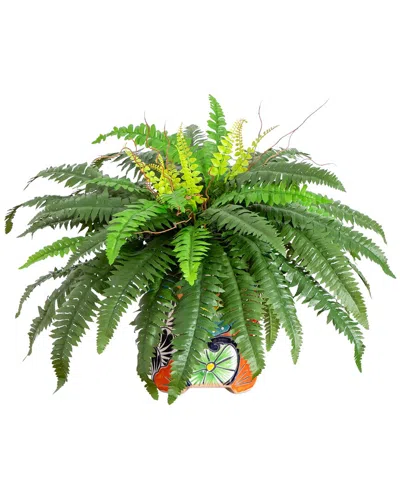 Nearly Natural Artificial Boston Fern In Handmade Mexican Talavera Ceramic Planter In Green