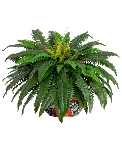 Nearly Natural Artificial Double Boston Fern In Handmade Mexican Talavera Ceramic Planter In Green