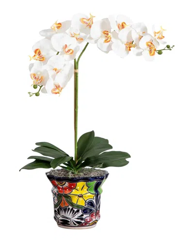 Nearly Natural Artificial Double Orchid Arrangement In Handmade Mexican Talavera Ceramic Planter In White