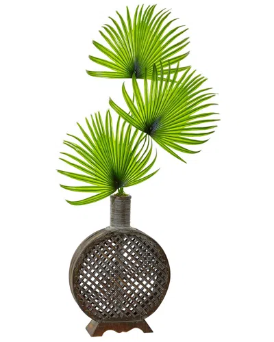 Nearly Natural Artificial Fan Palm In Open Weave Vase In Green