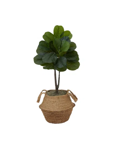 Nearly Natural Artificial Fiddle 3' Leaf Fig Tree With Handmade Cotton Jute Woven Basket Diy Kit In Natural
