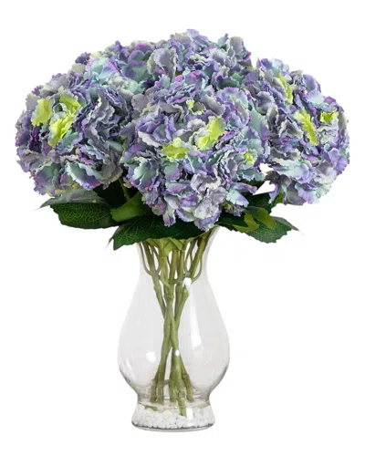 Nearly Natural Artificial Hydrangea Arrangement In Glass Vase In Blue