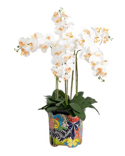 Nearly Natural Artificial Large Orchid Arrangement In Handmade Mexican Talavera Ceramic Planter In White
