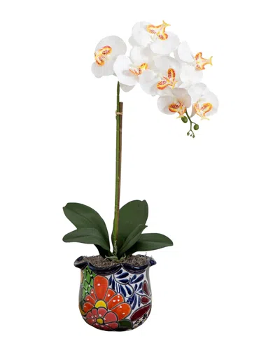 Nearly Natural Artificial Orchid Arrangement In Handmade Mexican Talavera Ceramic Planter In White
