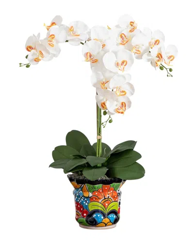 Nearly Natural Artificial Triple Orchid Arrangement In Handmade Mexican Talavera Ceramic Planter In White