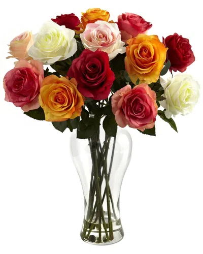 Nearly Natural Assorted Blooming Roses With Vase In Multi