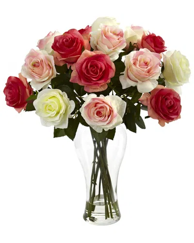 Nearly Natural Assorted Blooming Roses With Vase In Multi
