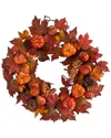 Nearly Natural Autumn Maple Leaves, Pumpkin, Pinecone & Berries Artificial Fall Wreath 24in In Orange
