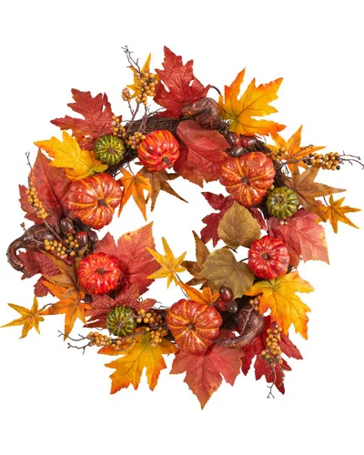 Nearly Natural Autumn Pumpkin & Berries Artificial Fall Wreath 24in In Orange