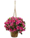 Nearly Natural Azalea Flowering Silk Hanging Basket In Pink