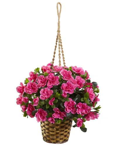 Nearly Natural Azalea Flowering Silk Hanging Basket In Pink
