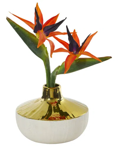 Nearly Natural Bird Of Paradise Artificial Arrangement In Gold & Cream Elegant Vase In Green