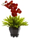 Nearly Natural Birds Nest Fern And Orchid Silk Arrangement W/ Wood Planter