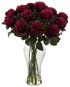 Nearly Natural Blooming Roses W/vase In Burgundy