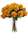 Nearly Natural Blooming Roses Artificial Arrangement In Glass Vase In Orange