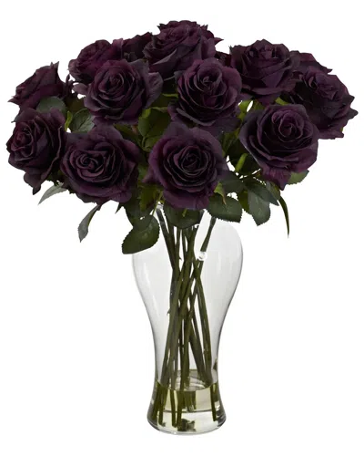 Nearly Natural Blooming Roses With Vase In Purple