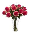 Nearly Natural Blooming Roses W/vase In Dark Pink