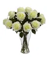 Nearly Natural Blooming Roses W/vase In White