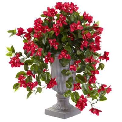 Nearly Natural Bougainvillea Flowering Silk Plant With Decorative Urn In Red