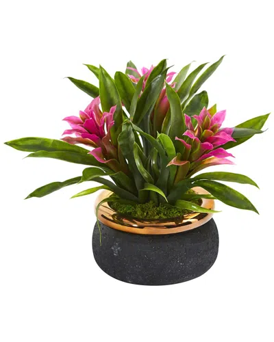 Nearly Natural Bromeliad Artificial Plant In Stoneware Planter In Purple