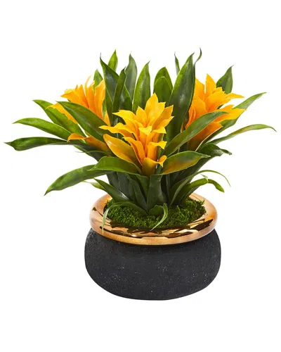 Nearly Natural 11in. Bromeliad Artificial Plant In Stoneware Planter In Yellow