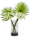 NEARLY NATURAL NEARLY NATURAL CALLA LILY & FAN PALM ARTIFICIAL ARRANGEMENT IN CYLINDER GLASS VASE