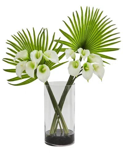 Nearly Natural Calla Lily & Fan Palm Artificial Arrangement In Cylinder Glass Vase In Cream