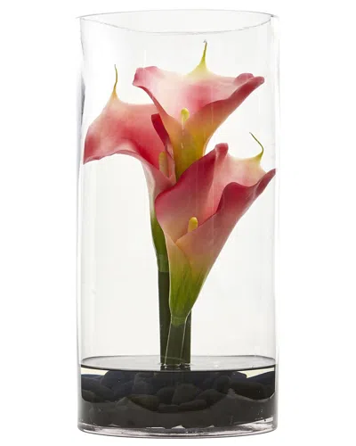 Nearly Natural 12" Calla Lily Artificial Arrangement In Cylinder Glass Vase Ii In Pink