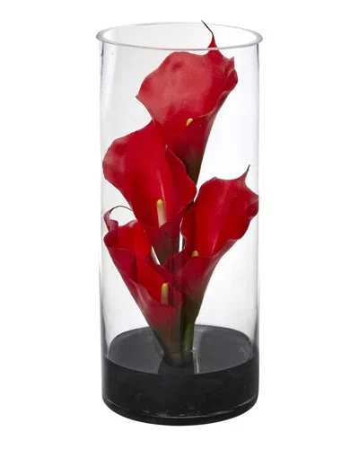 Nearly Natural Calla Lily Artificial Arrangement In Cylinder Glass Vase In Red