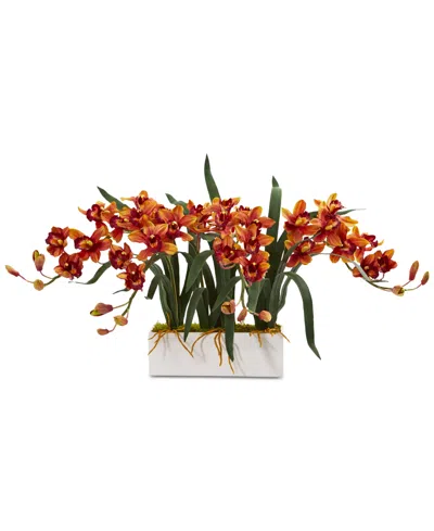 Nearly Natural Cymbidium Artificial Arrangement In White Vase In Burgundy