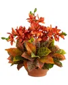 Nearly Natural Cymbidium Orchid & Croton Artificial Arrangement In Terra Cotta Vase In Orange