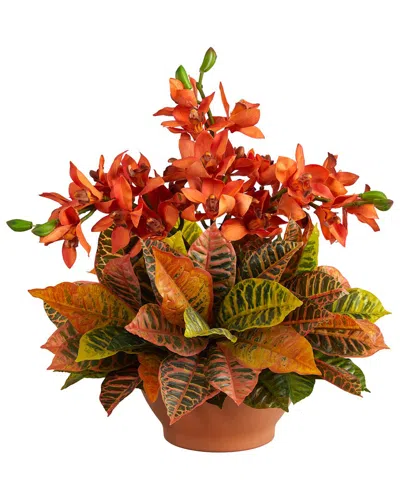 Nearly Natural Cymbidium Orchid & Croton Artificial Arrangement In Terra Cotta Vase In Orange