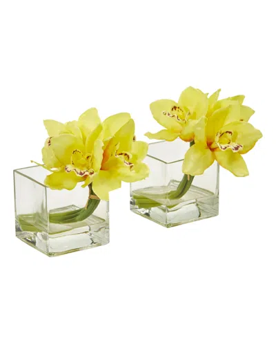 Nearly Natural Cymbidium Orchid Artificial Arrangement In Glass Vase (set Of 2) In Yellow