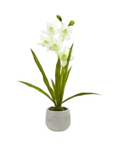 Nearly Natural Cymbidium Orchid Artificial Arrangement In Vase In White