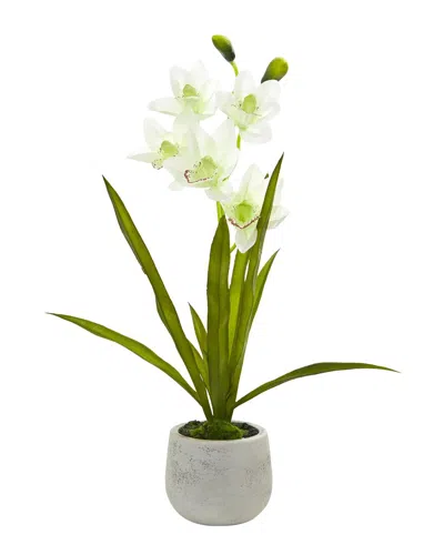 Nearly Natural Cymbidium Orchid Artificial Arrangement In Vase In White