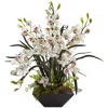 Nearly Natural Cymbidium Orchid Silk Arrangement W/ Black Vase In White