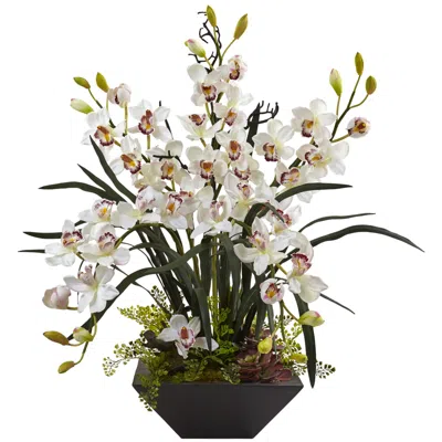 Nearly Natural Cymbidium Orchid Silk Arrangement W/ Black Vase In White