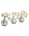 Nearly Natural Cymbidium W/vase Silk Flower Arrangement, Set Of 3 In White