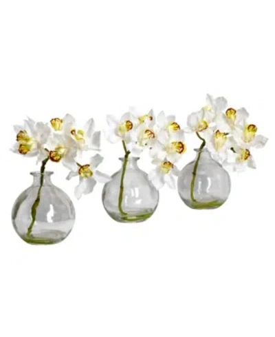 Nearly Natural Cymbidium W/vase Silk Flower Arrangement, Set Of 3 In White