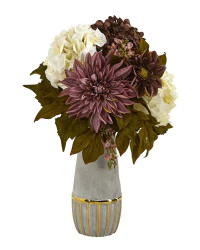 Nearly Natural Discontinued  17in Peony, Hydrangea And Dahlia Artificial Arrangement In Stoneware Vas In Purple