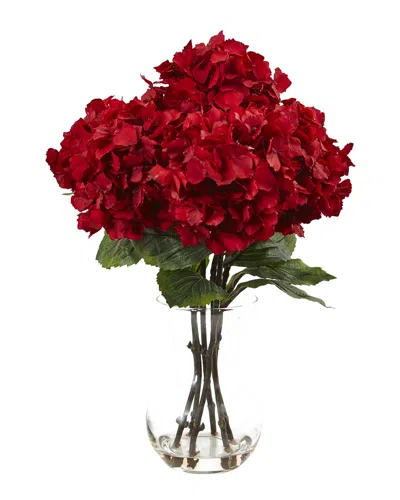 Nearly Natural 18in Red Hydrangea Silk Flower Arrangement With Glass Vase