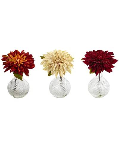 Nearly Natural Dahlia W/decorative Vase, Set Of 3 In Yellow