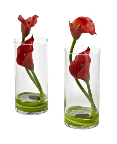 Nearly Natural Double Calla Lily W/ Cylinder, Set Of 2 In Red