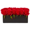Nearly Natural Dozen Silk Roses In Ceramic Rectangular Planter In Red